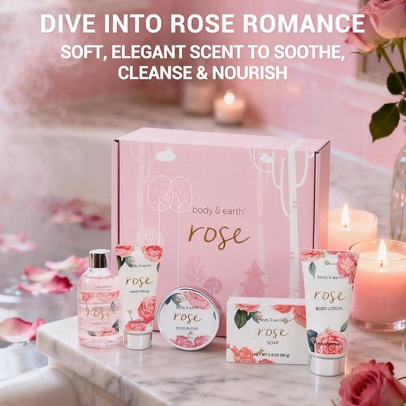 BODY & EARTH Spa Gift Set for Women - Luxurious 5 Pcs Bath and Body Box, Rose Scent, Includes Body Wash, Body Butter, Body Lotion and More, Birthday Mothers Day Gifts for Mom Self Care Kit for Her
