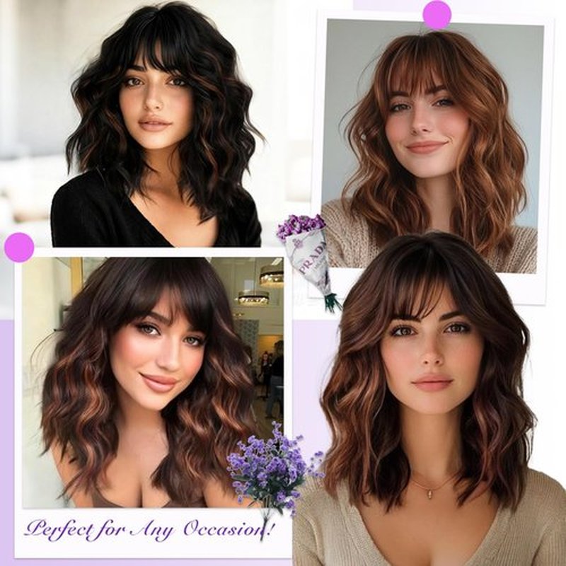 CURLCRAZY Short Wavy Wig with Bangs for Women Curly Wigs Natural Wavy Synthetic Wigs for Daily Party Cosplay(Brown Highlight)