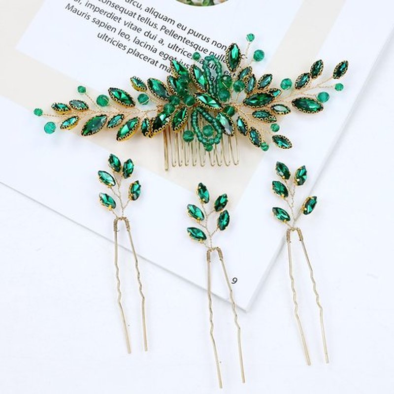 Dizila 7 Pieces Emerald Green Crystal Bead Party Prom Wedding Bridal Vine Leaf Hair Side Combs + Rhinestone U-shaped Hair Pins Headpieces for Brides Bridesmaids Women Girls