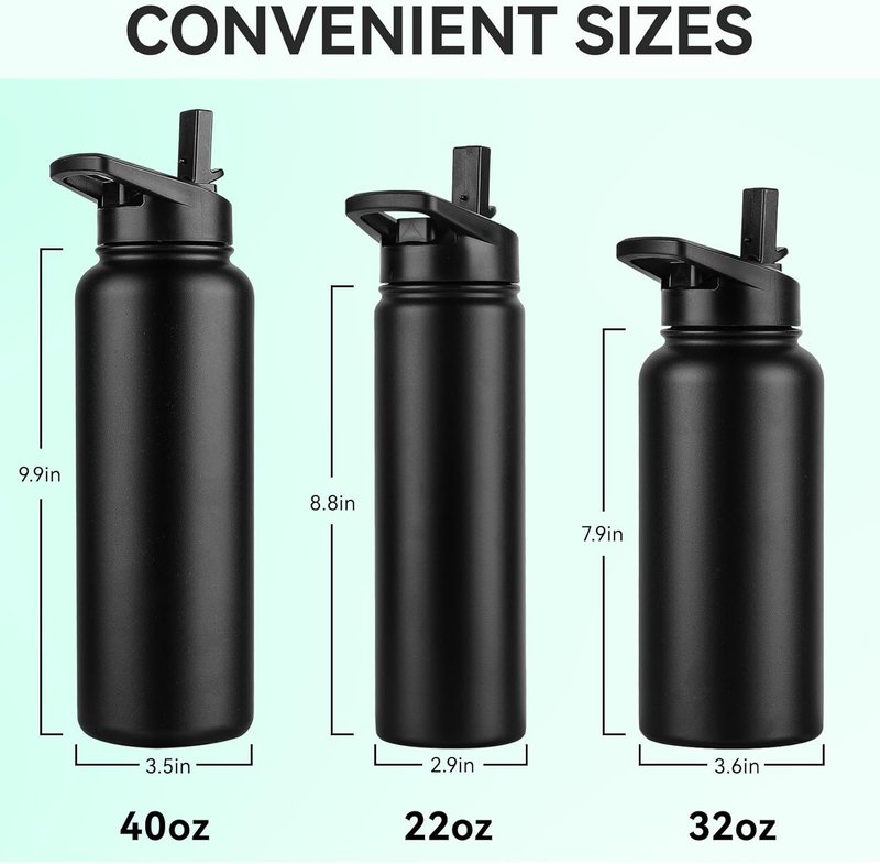 Domicare Insulated Water Bottle - 22 Oz Vacuum-Sealed Stainless Steel | Leakproof, Black, Reusable with Straw & Spout Lids