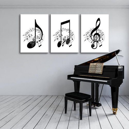 Skiennix Framed Music Notes Wall Art - Stylish Black & White Canvas Prints | 12x16in (Set of 3)