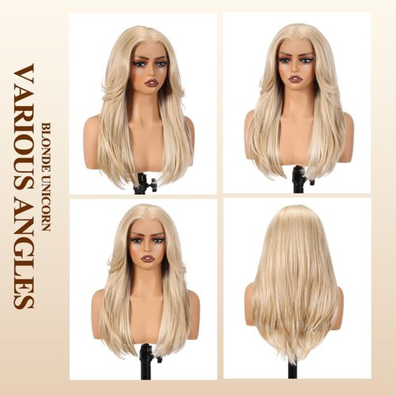 BLONDE UNICORN Blonde Wig 13x6 HD Lace Front Wig Long Straight Layered Synthetic Lace Front Wig Pre Plucked Glueless Wig for Women Daily Party Use 22IN