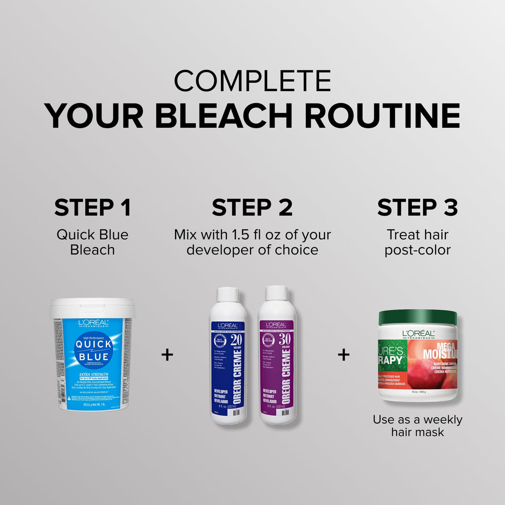 L'Oréal Technique Quick Blue High Performance Bleach - Professional Hair Bleaching Powder, No Drip Formula, Extra Strength Lightening Action Lifts Up To 7 Levels, Single Application