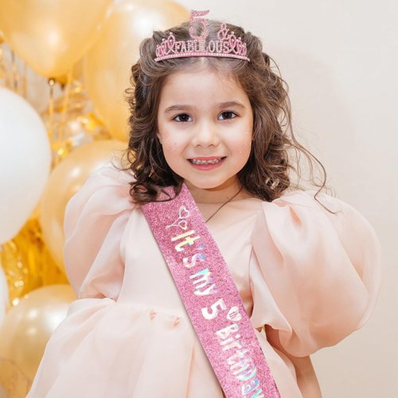 Hapdoo 5th Birthday Decorations for Girls Set - Happy 5th Birthday Princess Crown and Glitter Sash, 5 Year Old Girl Tiara Party Decorations Supplies Outfit Accessory Gifts
