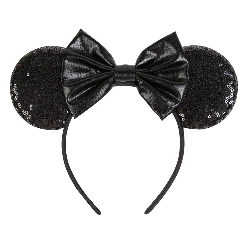 WOVOWOVO Mouse Ears Headbands for Women Black Bow Mouse ear Headband Sequin Hairbands Halloween Christmas Birthdays Party Hair Accessories