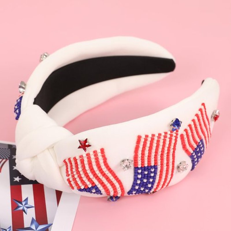 Gmmidea American Flag Knotted Headband 4th of July USA Flag Accessories Beaded Rhinestone Star Headband 4th of July Outfits for Women Girls Sparkle Patriotic Party Favors