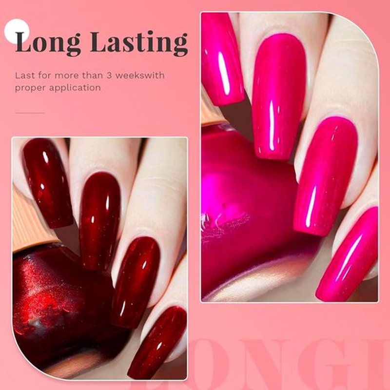 COSMOO Hot Pink with Wine Red 2pcs Nail Polish, 12ml Quick Dry Nail Lacquer, Super Lustrous Nail Enamel Polish, Shimmer Iridescent Ultrachrome Nail Art Varnish, 0.41 fl oz/pcs (Hot Pink + Wine Red)