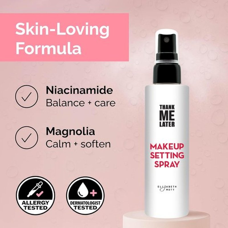 Elizabeth Mott Thank Me Later 3-in-1 Dewy Makeup Setting Spray – Hydrating & Long-Lasting Fine Mist with Niacinamide for a Radiant Glowy Look – Lightweight, Cruelty-Free, Travel-Size Face Spray, 30ml