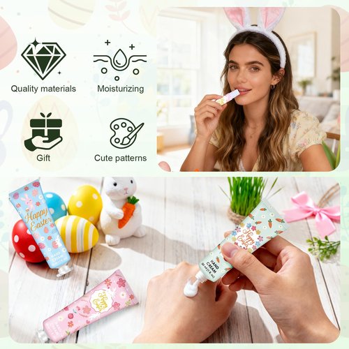 Loopeer 12 Sets Easter Gifts for Coworkers Gifts Bulk Happy Easter Hand Cream and Lip Balm for Women Travel Size Lotion Basket Stuffers for Adults Teachers Employees