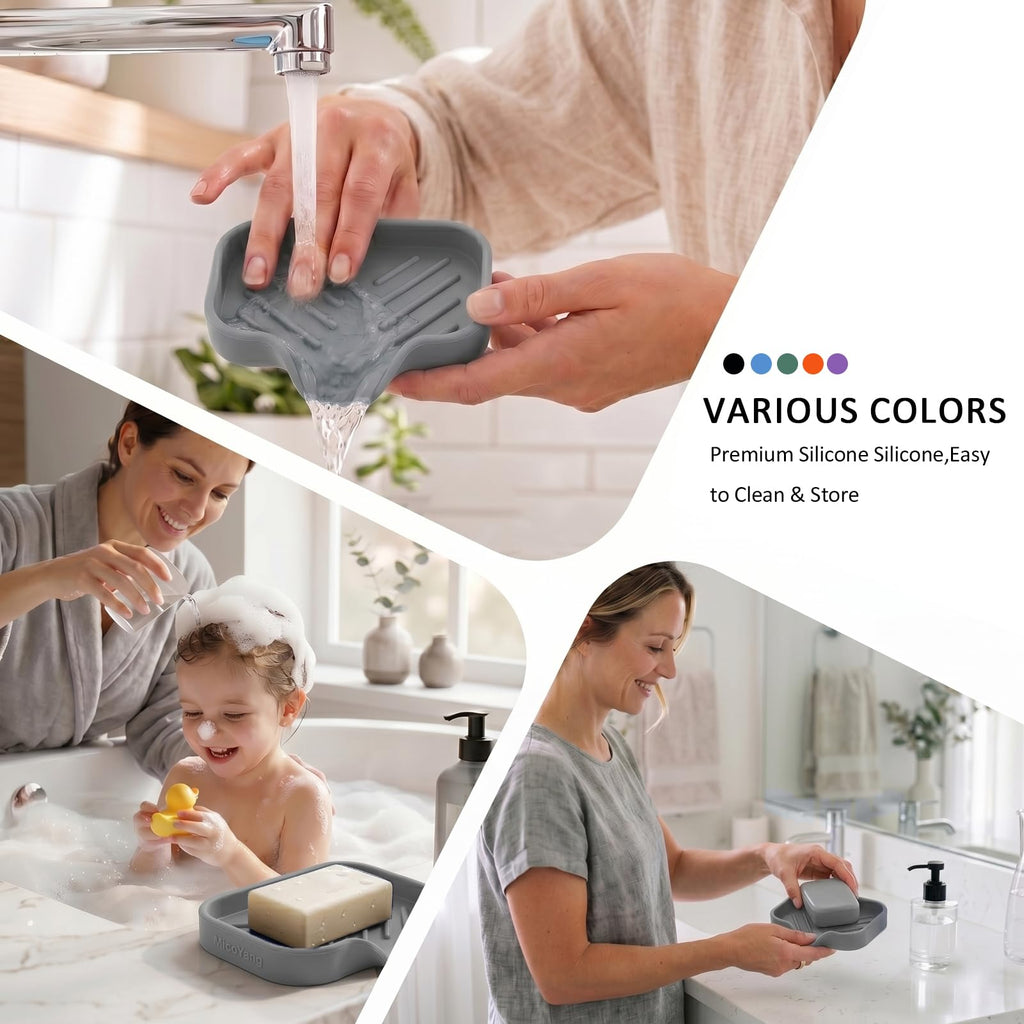 MicoYang Silicone Soap Dish with Drain Spout, Self-Draining Sink Organizer Tray for Bathroom and Kitchen, Sponges, Dispensers and Soap Holder, Non-Slip and Dishwasher Safe, Grey (Compact, 4.9"×3.2")