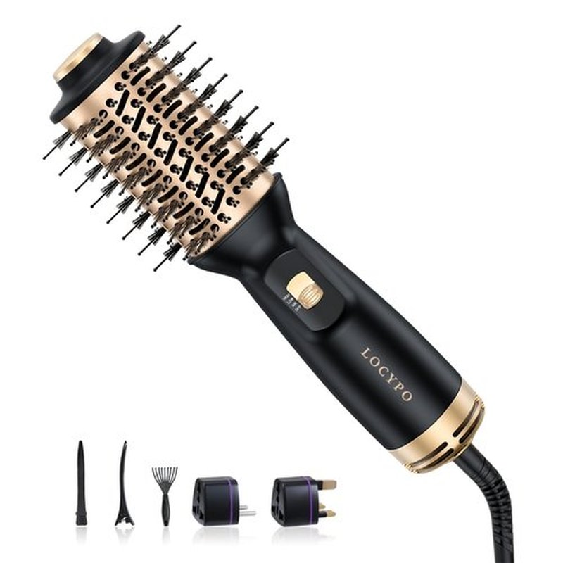 Travel Blow Dryer Brush, 4-in-1 Auto Dual Voltage (100-240V) Hot Air Brush, 2 Inch Mini Hair Dryer Brush & Styler for Voluminous Smooth Hair, Lightweight with EU/UK Plug for Home & Salon(Gold)