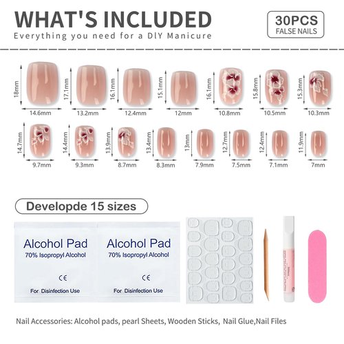Mivota French Press On Nails Short Square White Nude Gradient False Nails Delicately Adorned with White Silver Flowers Reusable Glue On Nails for Women Kit 24Pcs