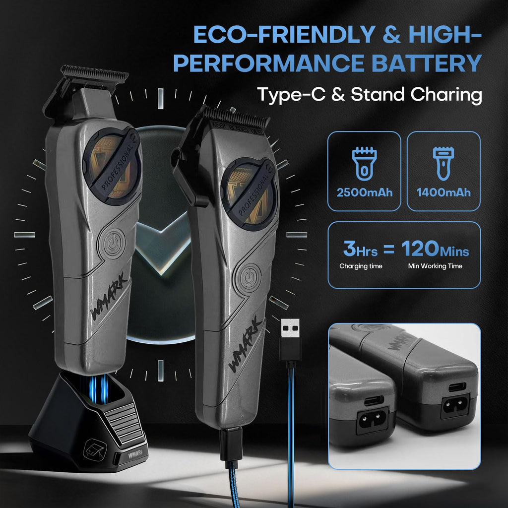 WMARK Hair Clippers for Men Professional Barber Clippers and Trimmers Set Cordless Hair Clippers for Hair Cutting, High Speed, Rechargeable, Powder Metallurgy DLC Ceramic Fade NG-8613 KIT (Gray)