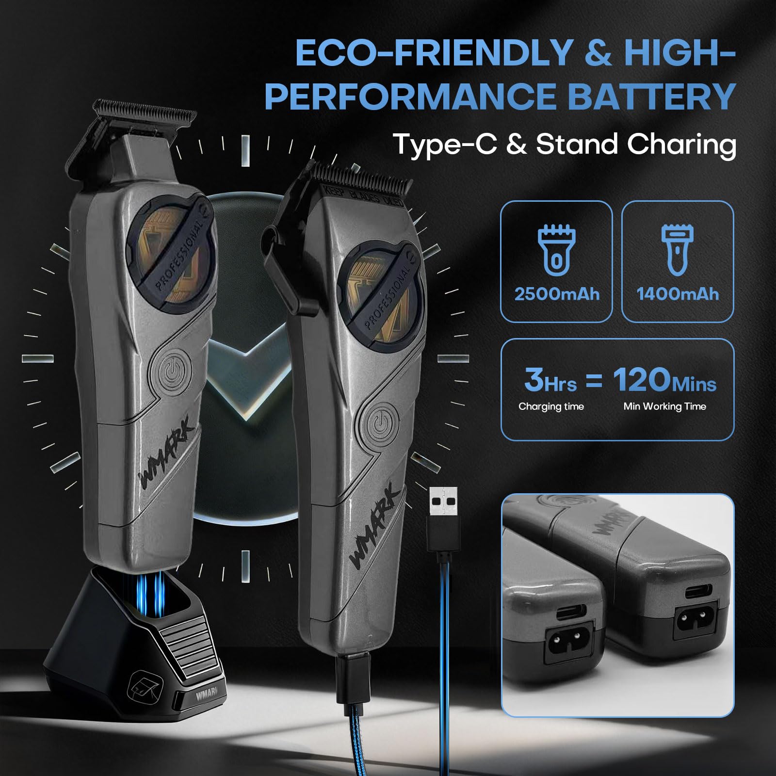 WMARK Hair Clippers for Men Professional Barber Clippers and Trimmers Set Cordless Hair Clippers for Hair Cutting, High Speed, Rechargeable, Powder Metallurgy DLC Ceramic Fade NG-8613 KIT (Gray)