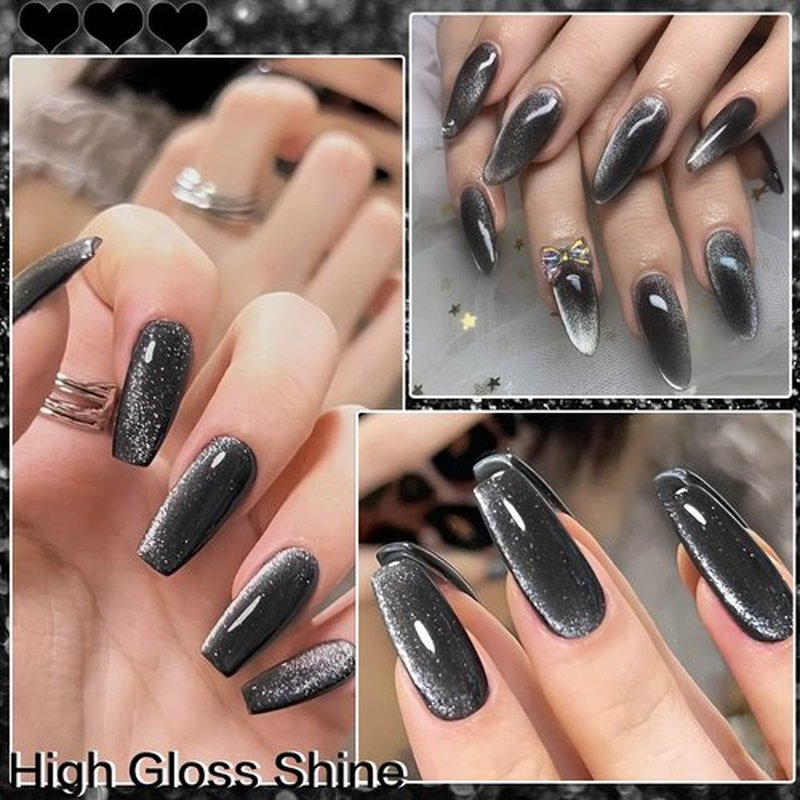 AHAMIOU Crystal Cat Eye Gel Polish Kits Magnetic Nail Polish Set Holographic Cats Eyes Gel Nail Polish Shiny Diamond Glitter Gel with Magnet Stick (2PCS-silver&black)
