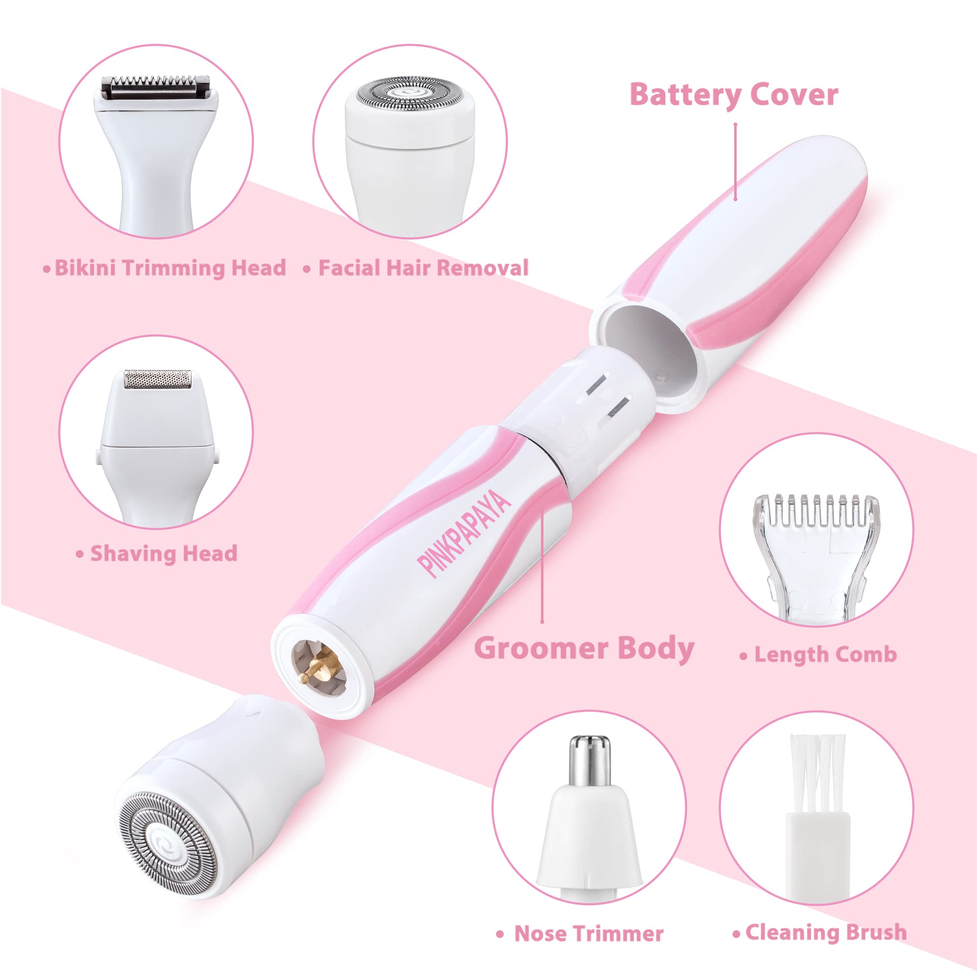 pinkpapaya 4in1 Nose Hair Trimmer for Women,Facial Hair Remover,Electric Face Shaver Razor for Nose Ear,Bikini Trimmer,Facial Hair Removal,ROSE/OI8J