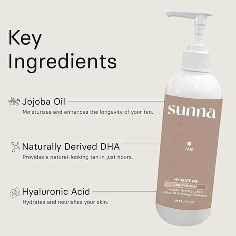SunnaTan Gradual Self Tanning Lotion - Hydrating Formula with Hyaluronic Acid & Jojoba - Organic Ingredients for a Natural Tan (Medium/Dark, 236 ml)