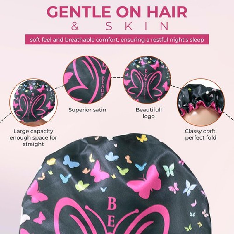 BE BEAUTIFUL EXTENSIONS Discover Premium Ruffle Silk Satin Sleeping Bonnets Hair, Moisture Retention, and All-Night Comfort. Keep Your Hair Healthy and frizz-Free Black Pink