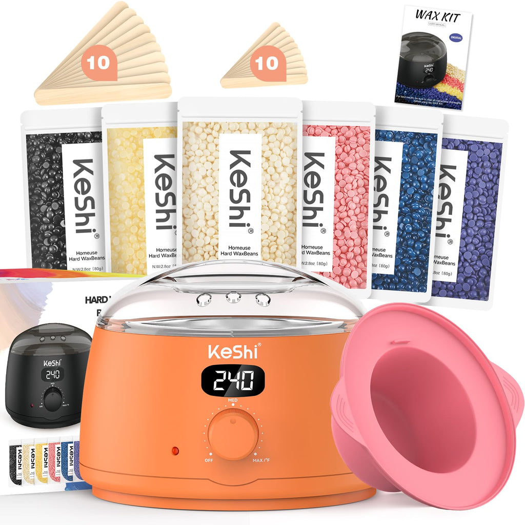 KeShi Waxing Kit for Women and Men, Digital Wax Warmer with 6 Bags Hard Wax Beads, at-Home Hair Removal Wax Kit for Full Body, Face, Eyebrow, Bikini, Legs, Brazilian & Sensitive Skin(Vital Orange)