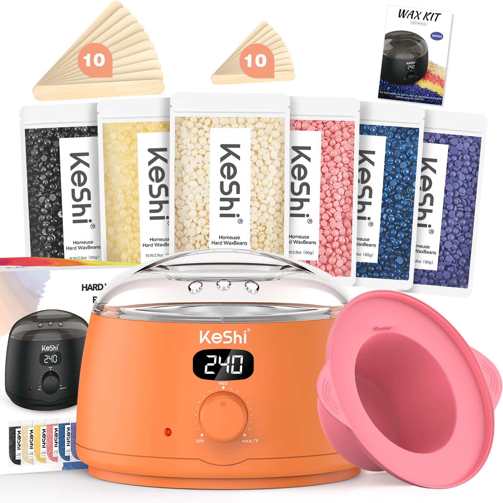 KeShi Waxing Kit for Women and Men, Digital Wax Warmer with 6 Bags Hard Wax Beads, at-Home Hair Removal Wax Kit for Full Body, Face, Eyebrow, Bikini, Legs, Brazilian & Sensitive Skin(Vital Orange)