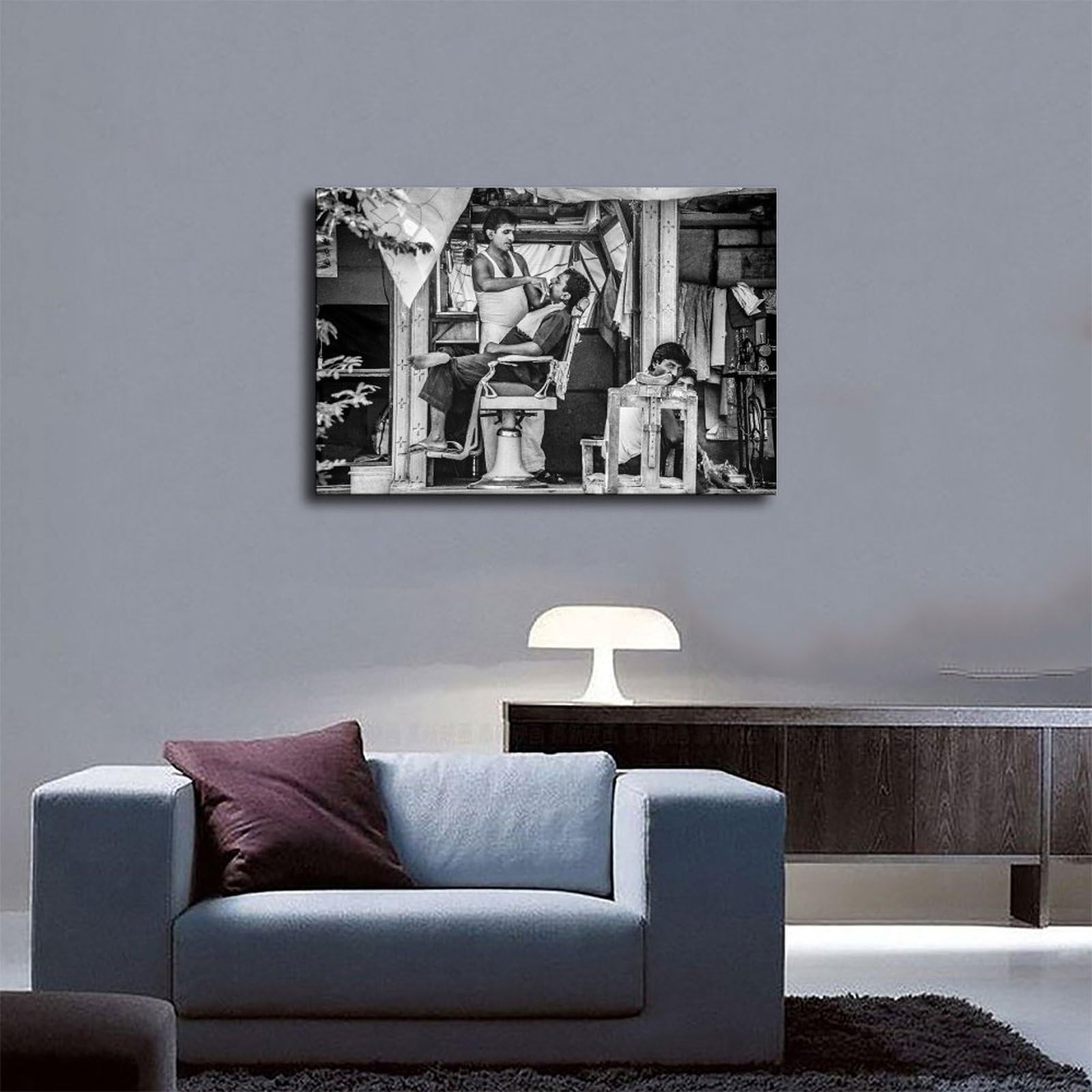 Vintage Monochrome Street Barber Barber Shop Black And White Photo Classic Posters Prints Wall Art Home Decor Canvas Painting Suitable for Bedroom Living 12x08inch(30x20cm) Unframe-style