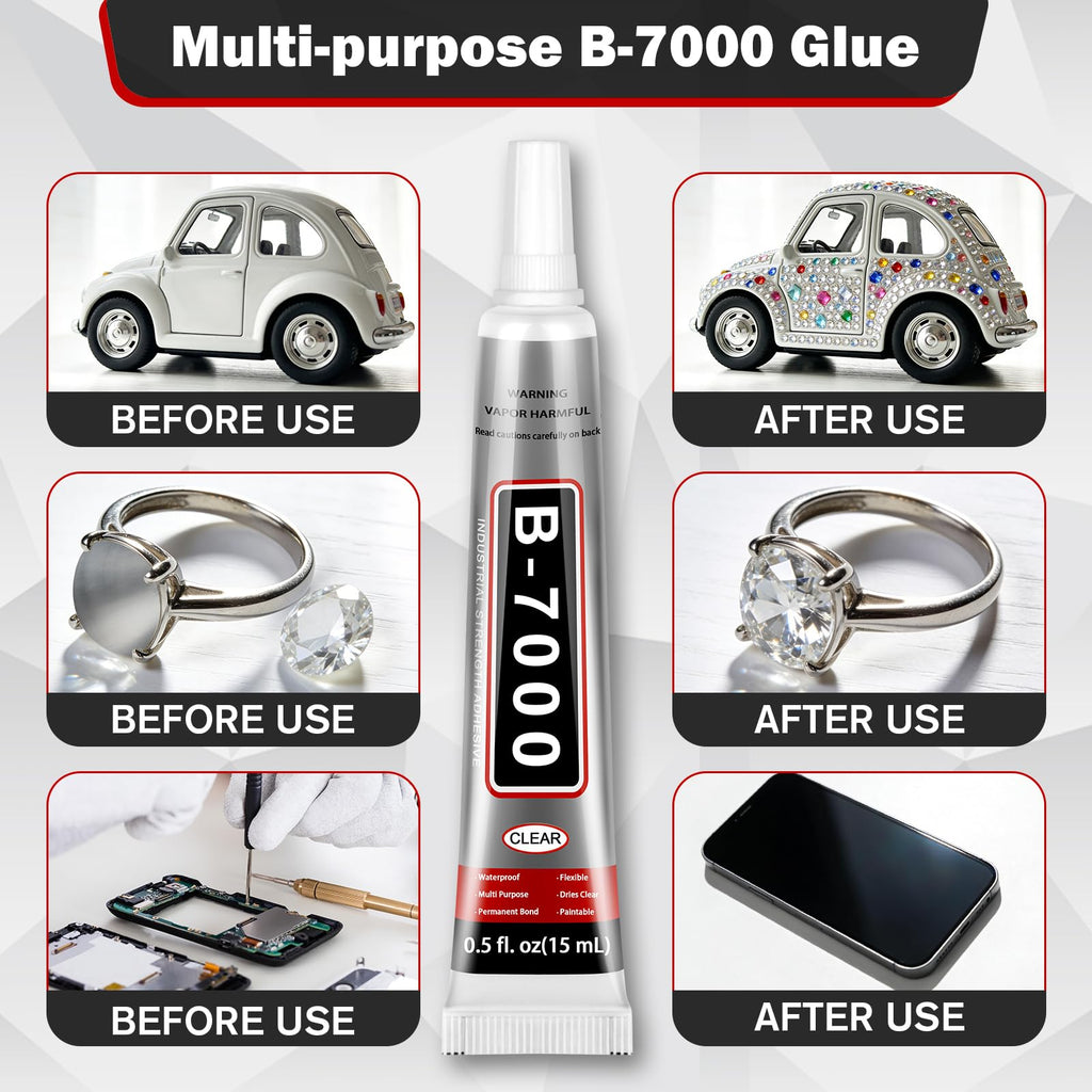 B-7000 Glue Clear with Precision Tip, 15ml 24 Pack Multi-Function Craft Adhesive, Waterproof Strong Bond Glue for Jewelry Making, Rhinestones, Bedazzling, Crafts, Shoes, Fabric, Phone Repair