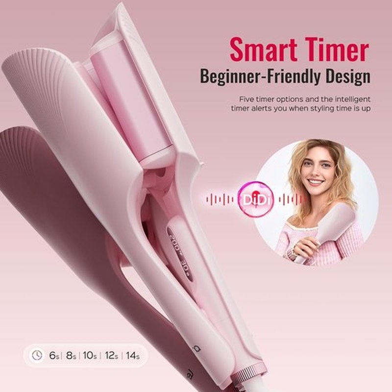 LENA S16 Hair Waver | Beach Waves Curling Iron with 3 Titanium Ceramic Barrels, Pink, 1.25 Inch