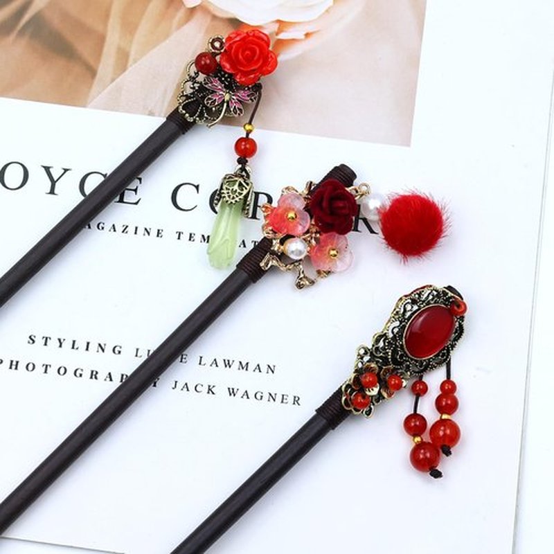 inSowni 8 Pieces Retro Asian Chinese Traditional Hanfu Flower Wooden Hair Sticks Hairpins with Bead Pendants Hair Chopsticks Forks Bun Updo Holders for Women Girls (8pcs Set G)