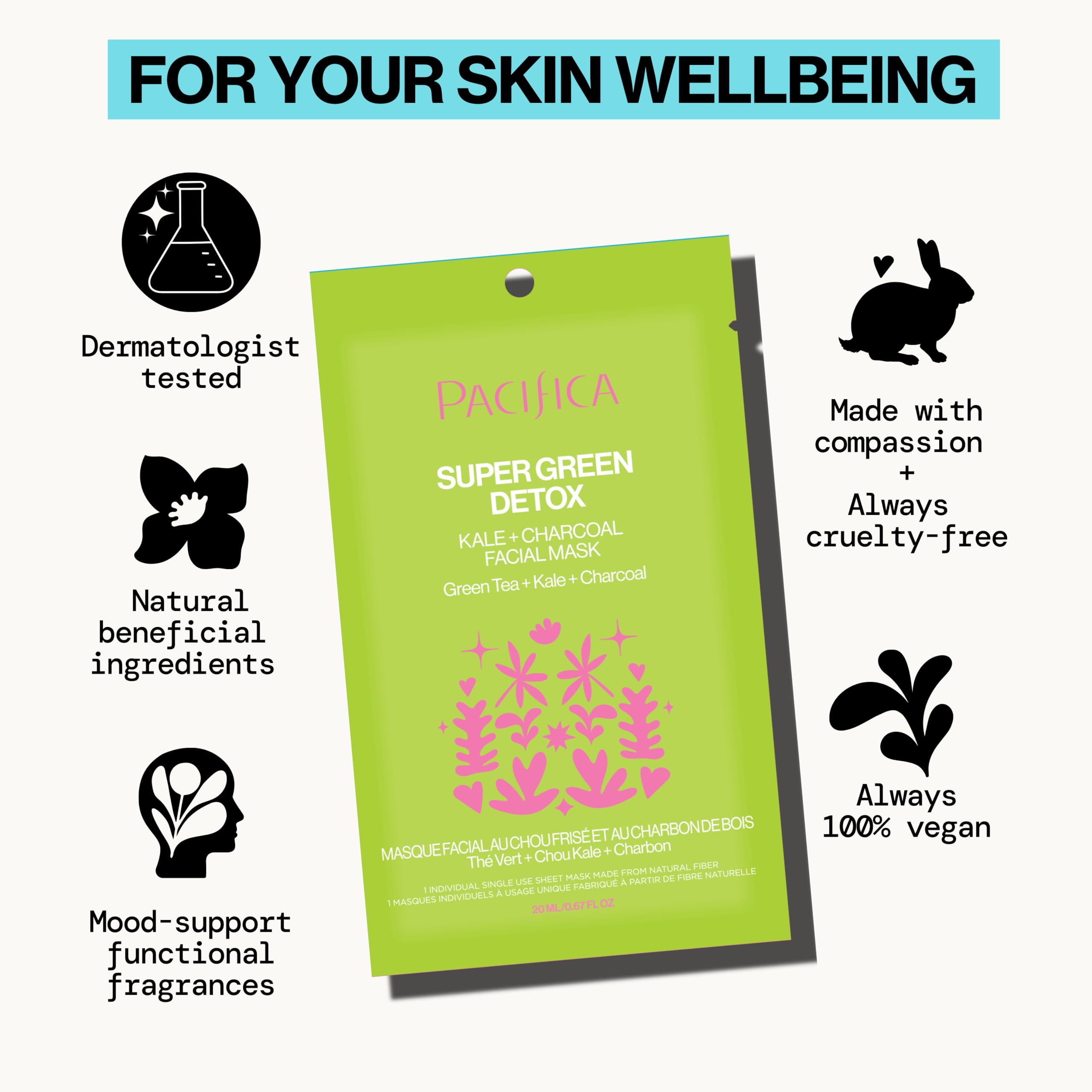 Pacifica Super Green Detox Sheet Mask – Charcoal, Kale & Clay Pore Cleansing Mask for Oily, Blemish-Prone Skin, Deep Detox Facial Mask, Vegan