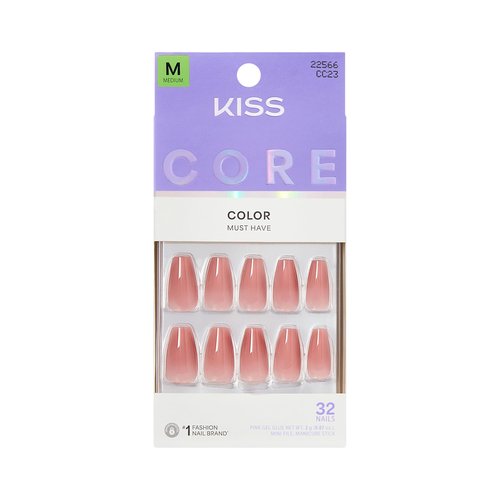 KISS CORE Color Press On Nails, Jubilation, Pink, Medium, Coffin, 32 Count