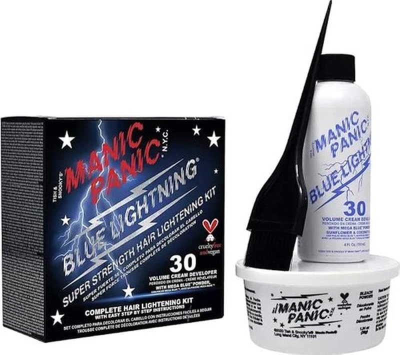 MANIC PANIC Blue Lightning Hair Bleach Kit - 30 Volume Developer & Bleach Powder for Up to 5 Levels Lift - Vegan & Cruelty-Free