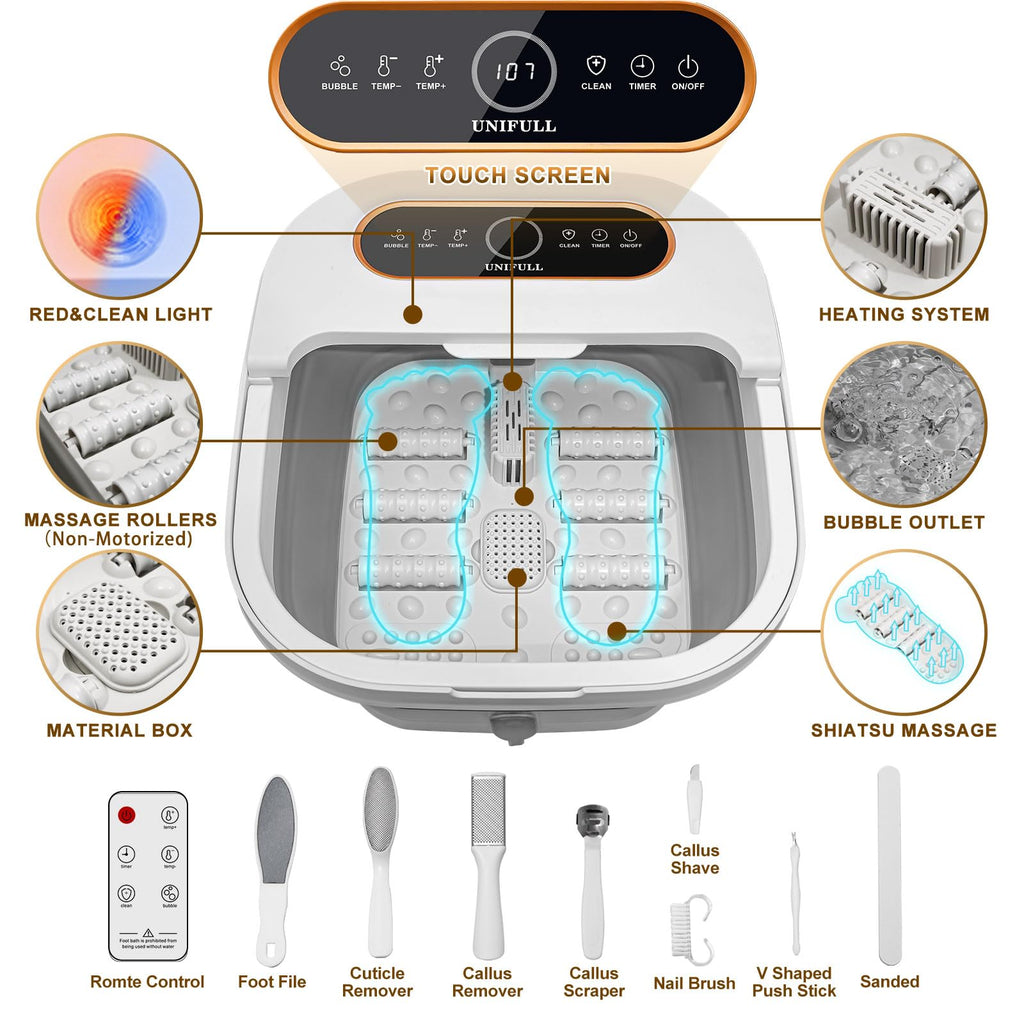 UNIFULL Collapsible Foot Spa Bath with Heat, Touch Screen, Remote Control, Massage Rollers, Timer, Bubble, Foot Pedicure Kit, Temperature Control Pedicure Foot Spa, Foot Bath