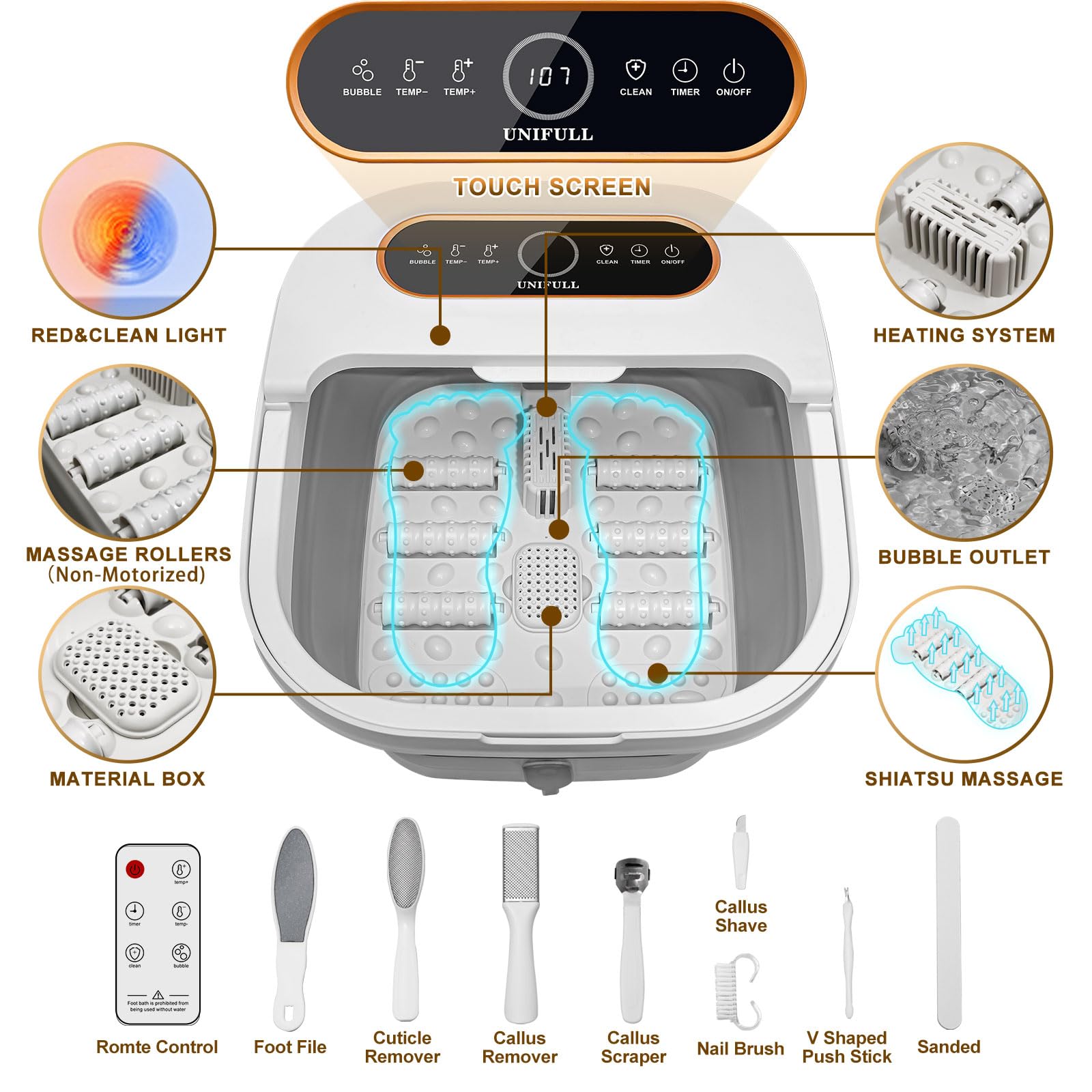 UNIFULL Collapsible Foot Spa Bath with Heat, Touch Screen, Remote Control, Massage Rollers, Timer, Bubble, Foot Pedicure Kit, Temperature Control Pedicure Foot Spa, Foot Bath