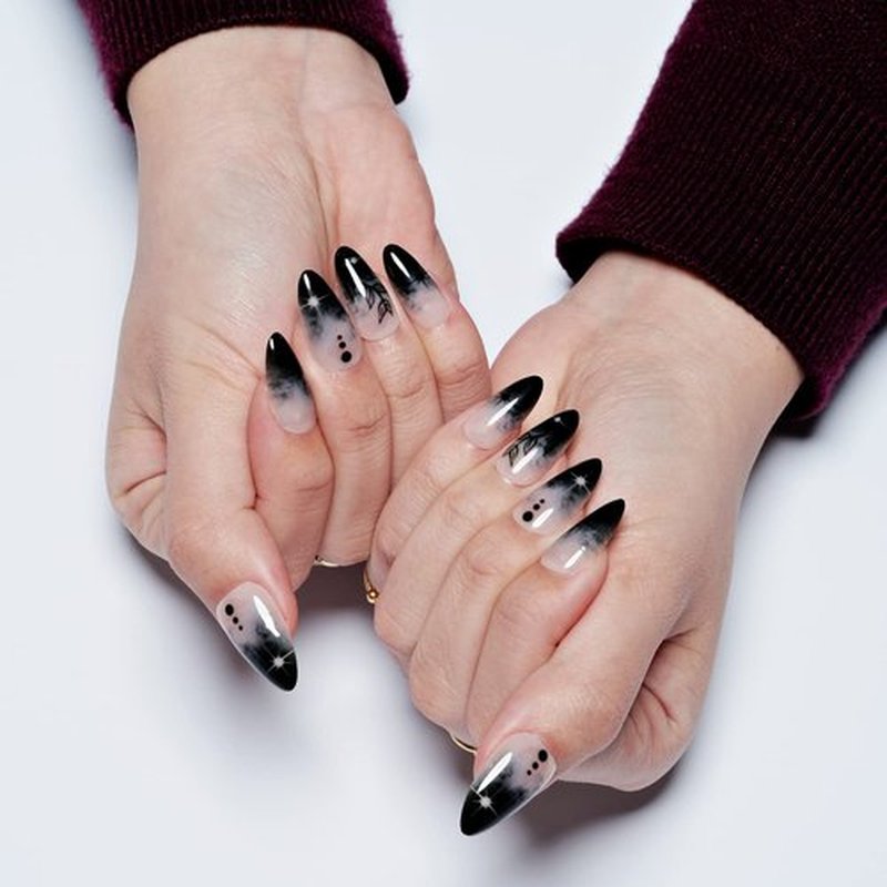 GLAMERMAID Press on Nails Medium Almond, Gothic Black Ombre French Tip Gel Glue on Nail, Glossy Short Stiletto Reusable UV Finish Fake Nails Acrylic False Nails Manicure Kits for Women