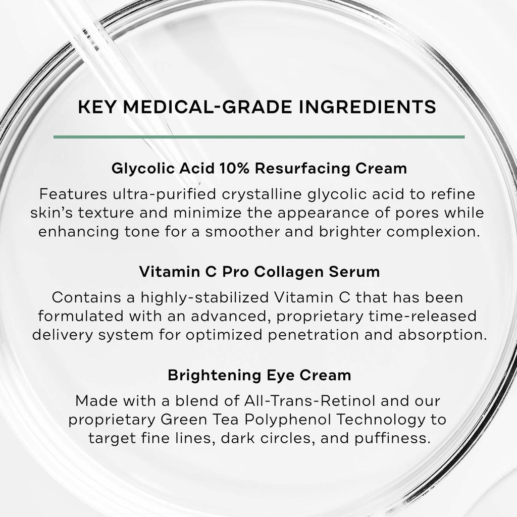 Replenix Discoloration Essentials 3 Step Brightening Medical-Grade Trial Kit (Set Includes Travel-Size Glycolic Acid Resurfacing Cream, Vitamin C Pro Collagen Serum, Brightening Eye Cream)
