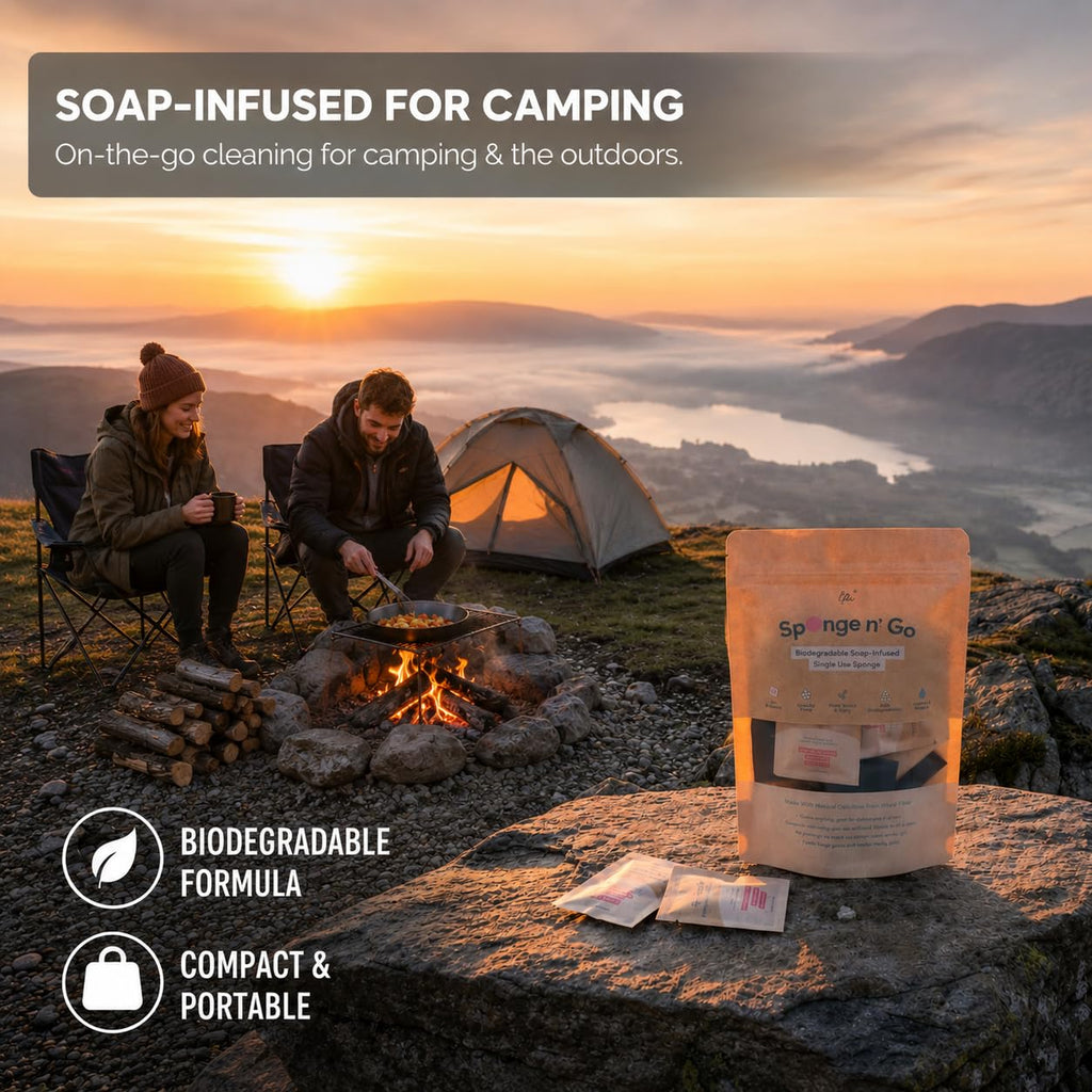 Sponge n' Go: 20-Pack Mini Travel Dish Soap & Sponges | Eco-Friendly, Soap-Infused, Single-Use Cellulose Compressed Sponges | Your On-The-Go Cleaning Companion for Trips, Camps, Work