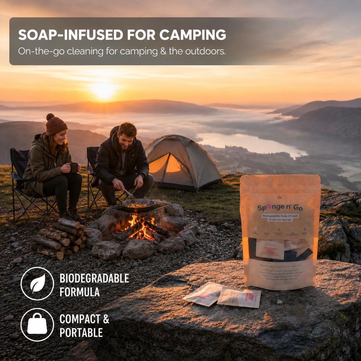Sponge n' Go: 20-Pack Mini Travel Dish Soap & Sponges | Eco-Friendly, Soap-Infused, Single-Use Cellulose Compressed Sponges | Your On-The-Go Cleaning Companion for Trips, Camps, Work