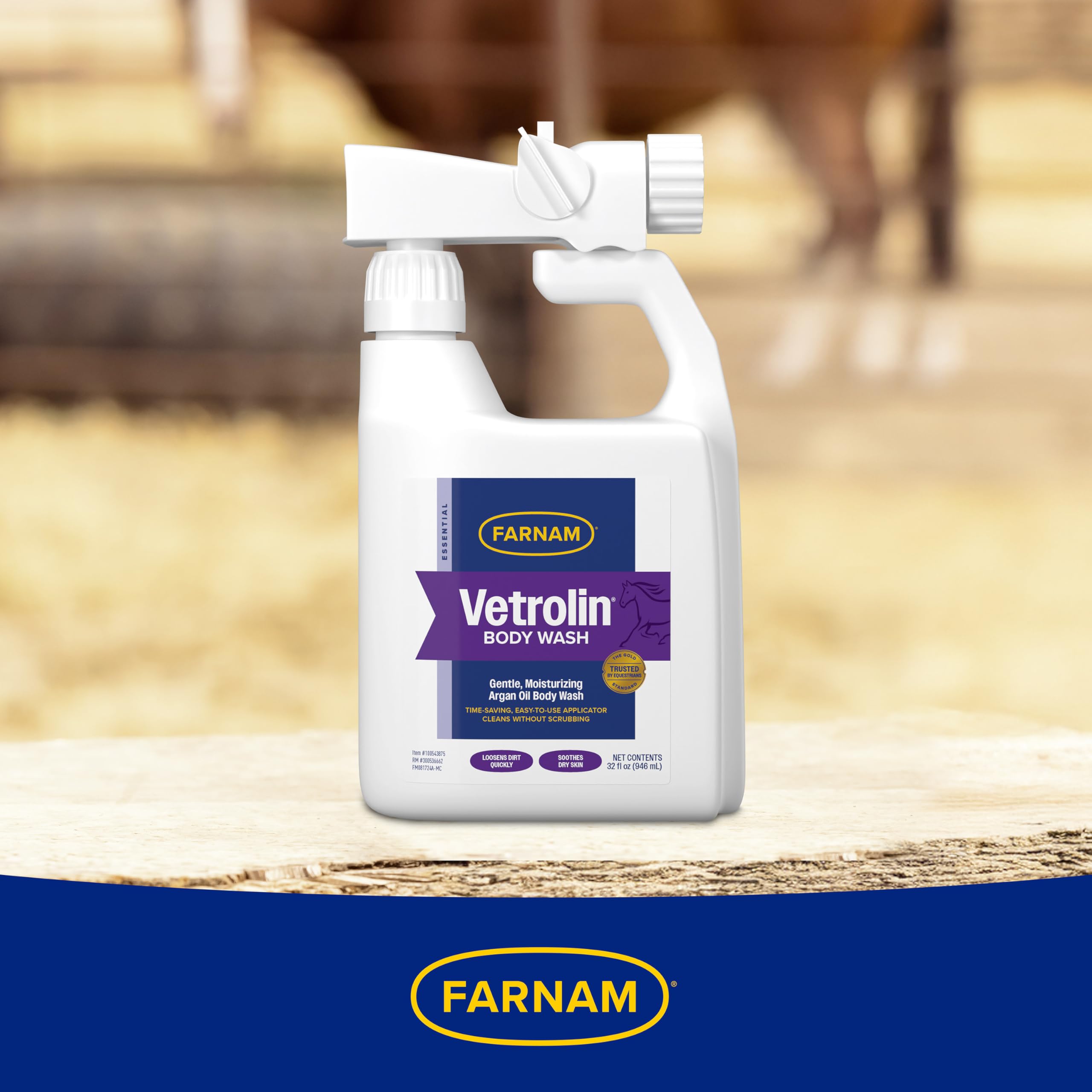 Farnam Vetrolin Body Wash, Time-Saving with No Scrubbing, Gentle and Moisturizing with Argan Oil, Soothes Dry Skin, for Horses and Dogs, 32 fl oz.