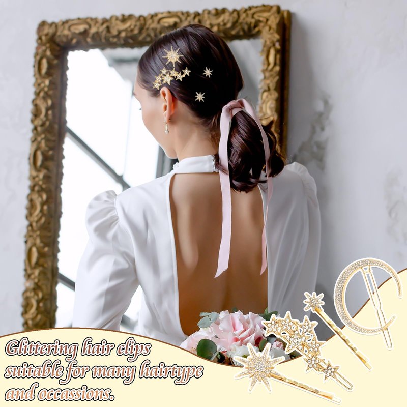VENOFEN Rhinestone Moon Hair Clips Gold Star Hair Pins Sparkly Crystal Decorative Bobby Pins for Women Vintage Bridal Side Clips Wedding Prom Party Celestial Hair Accessories