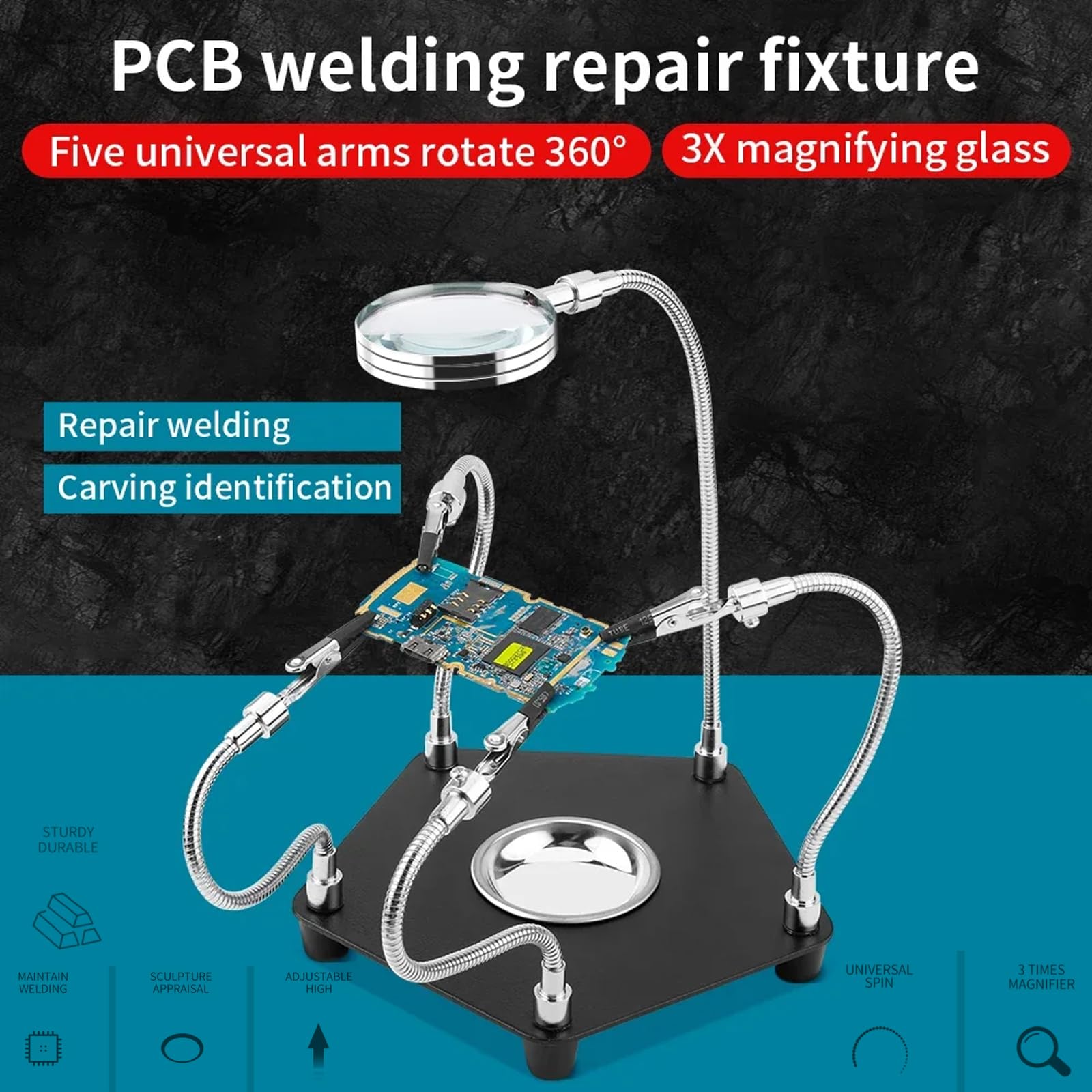 LXIANGN Helping Hands Soldering Station with 3X Magnifying Glass,Third Hand PCB Holder 4 Flexible Arms Magnifier Circuit Board Soldering Tool Kit for Electronic Repair Soldering Jewelry Crafts