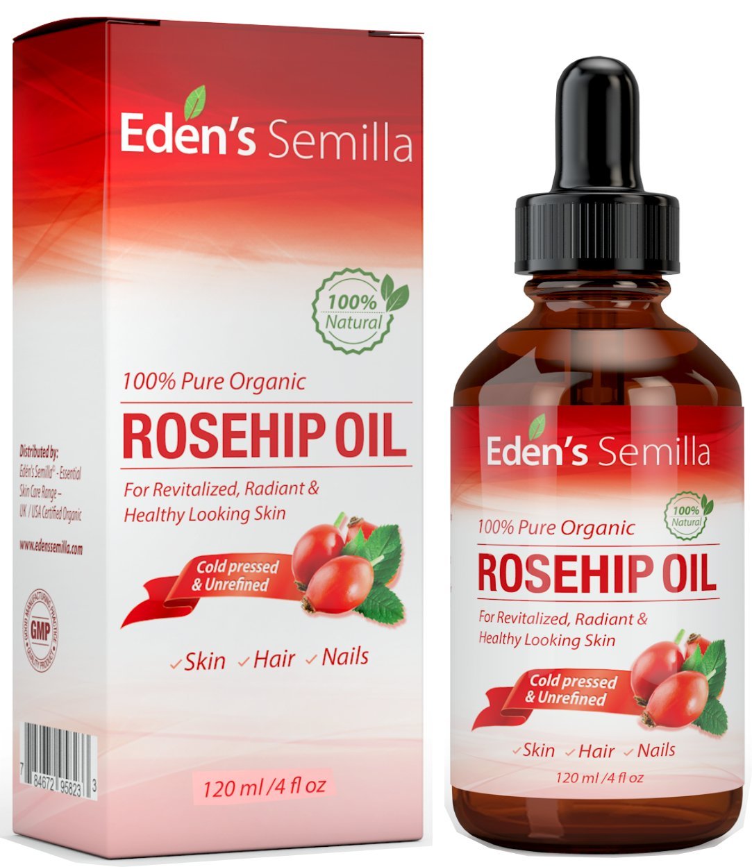 100% Pure Rosehip Oil - 4 OZ - Certified ORGANIC - Cold pressed & unrefined - NON Greasy HIGH absorbency - Use daily - nourishes, hydrates and visibly reduces fine lines, scars, stretch marks and skin