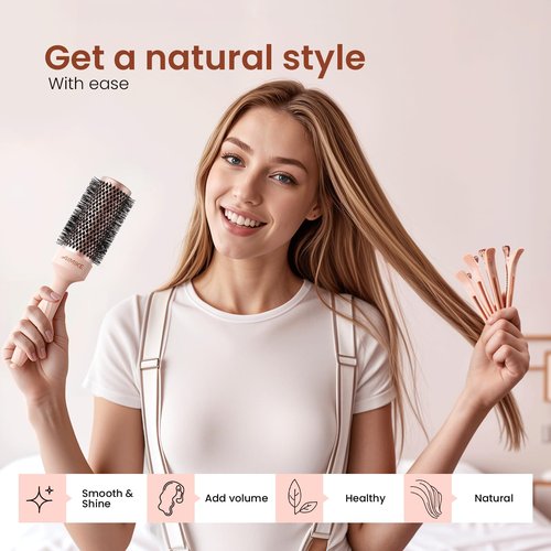 AIMIKE Round Brush for Blow Out, Rose Luxe Medium Round Hair Brush w/Nano Thermal Ceramic Tech, for Blow Drying & Styling Volumizing Shoulder Length Hair, with 4 Clips (Barrel 1.7", Bristle 2.5")