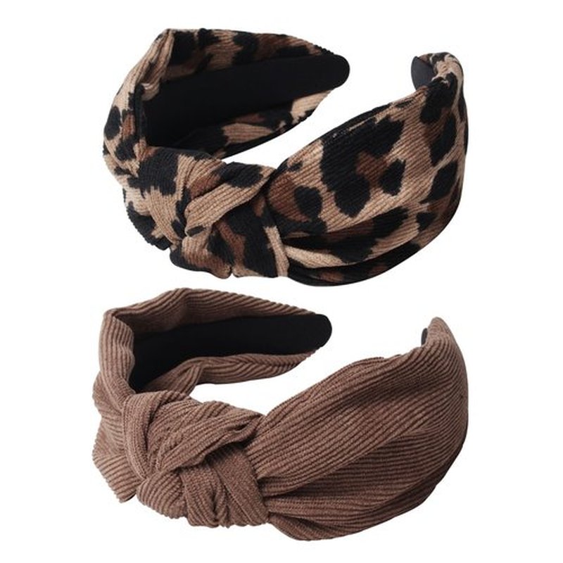 Cuizhiyu 2PK Leopard Print Knotted Headbands for Women Cute Wide Top Knot Headband Fashion Corduroy Knot Headband Leopard Hair Accessories
