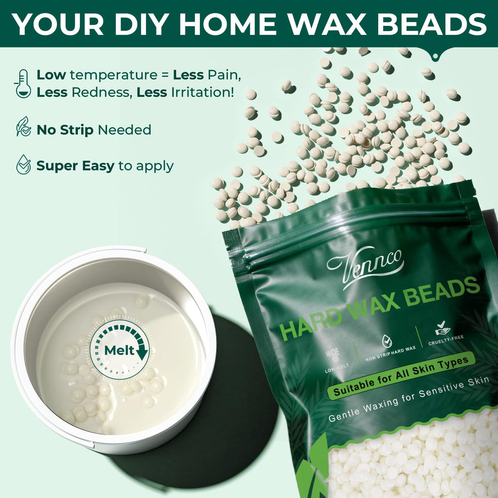 VENNCO 1lb White Wax Beads for Hair Removal, Unscented Hard Wax Beads Refill for Home Waxing, Perfect for Face Brazilian Bikini Legs and Underarms, Stripless Waxing Beads for Women Men
