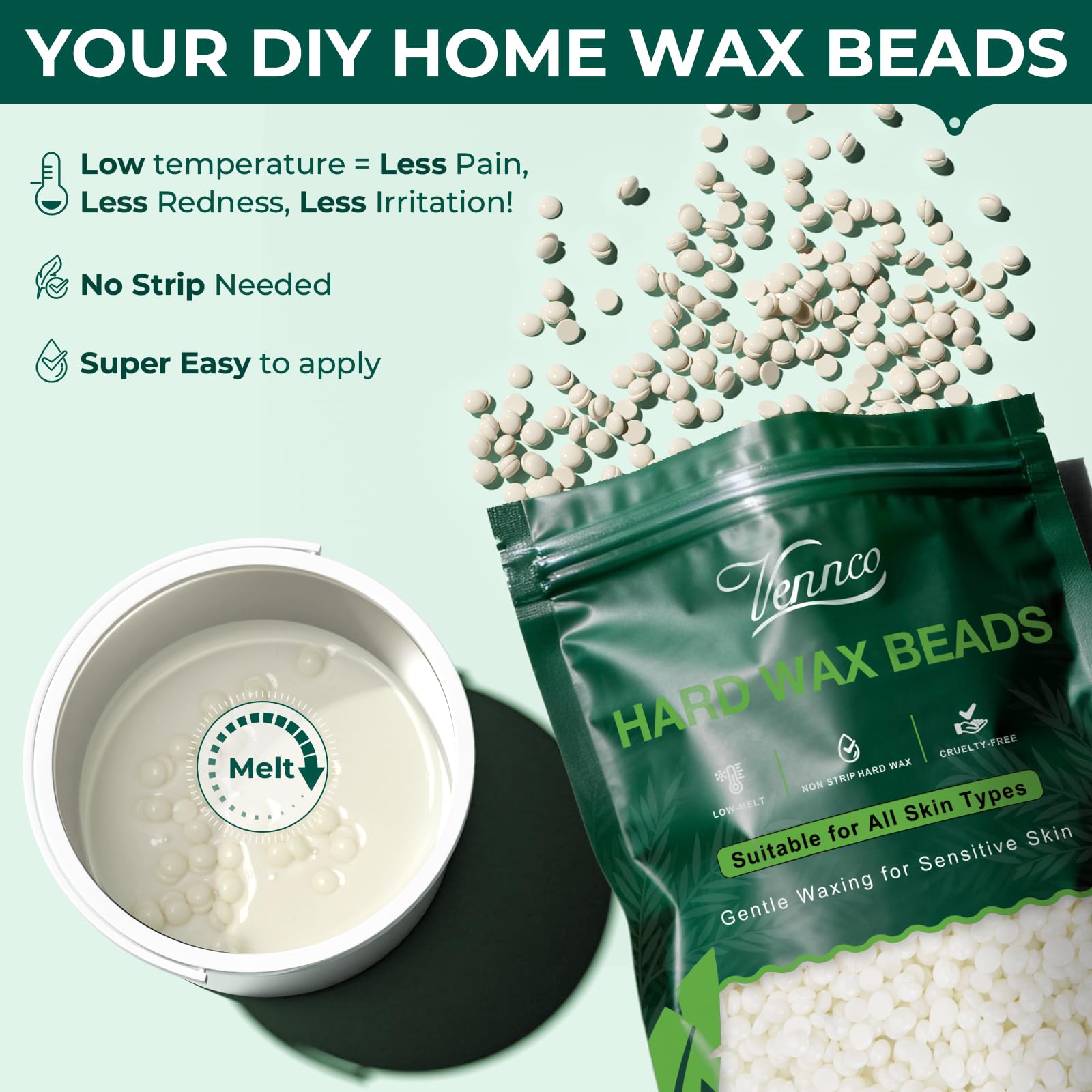 VENNCO 1lb White Wax Beads for Hair Removal, Unscented Hard Wax Beads Refill for Home Waxing, Perfect for Face Brazilian Bikini Legs and Underarms, Stripless Waxing Beads for Women Men