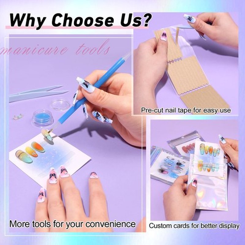 Raisetip 100PCS Press on Nail Packaging Bag, 100PCS Display Card with 7 Sheets Pre-cut Adhesive Tape & Diamond Art Pens & Glue Clay & Tweezers, 6-in-1 Set for Nail Display Profession Salon