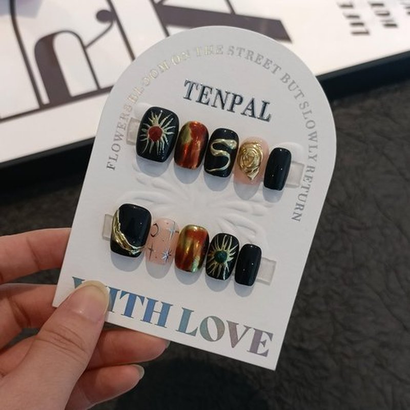 TENPAL Gothic Press on Nails Short Square,Glossy Black Space Theme Fake Nails with 3D Serpent & Planets, Acrylic Glossy Handmade Winter False Nails with 10pcs,Dark Celestial Glue on Nail Art(L)