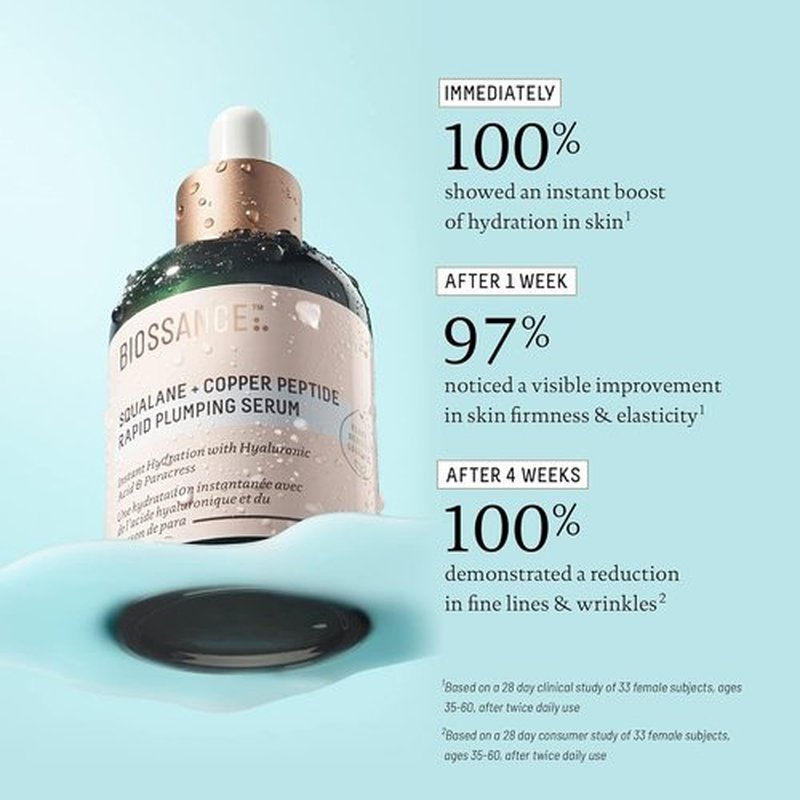 Biossance Squalane + Copper Peptide Serum - Rapid Plumping Face Serum for All Skin Types | Vegan Formula with Hyaluronic Acid