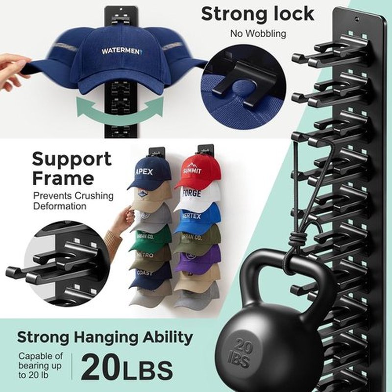 Hat Organizer by 1A - 2 Pack Detachable DIY Rack for Up to 22 Baseball Caps | Wall-Mounted Storage Solution