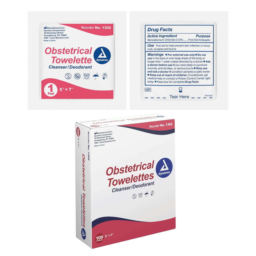 Dynarex 5 x 7" Obstetrical Towelettes - Benzalkonium Chloride Wipes with 5% Alcohol - Pre-Moistened, Scented & Individually Wrapped Sanitizing Wipes - 1 Box of 100 Wipes